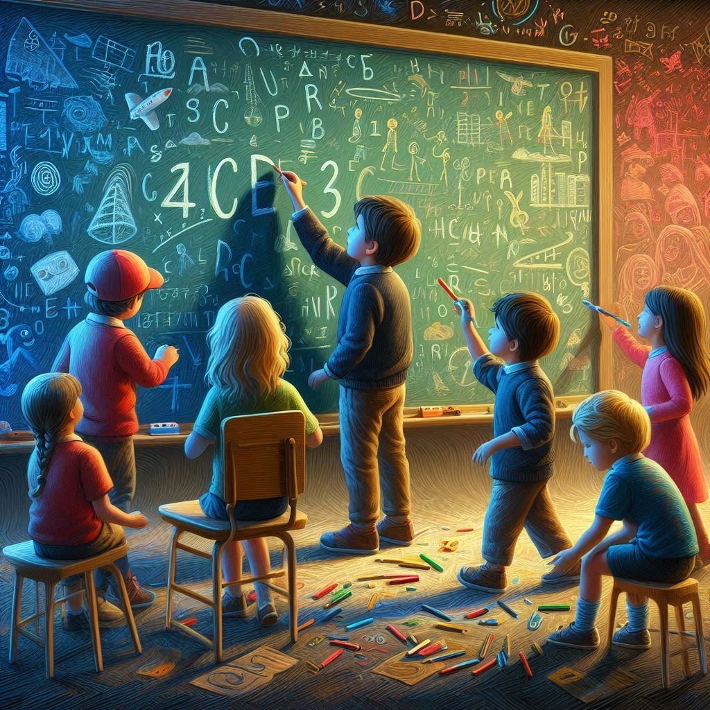 children writing letters in blackboard inside classroom